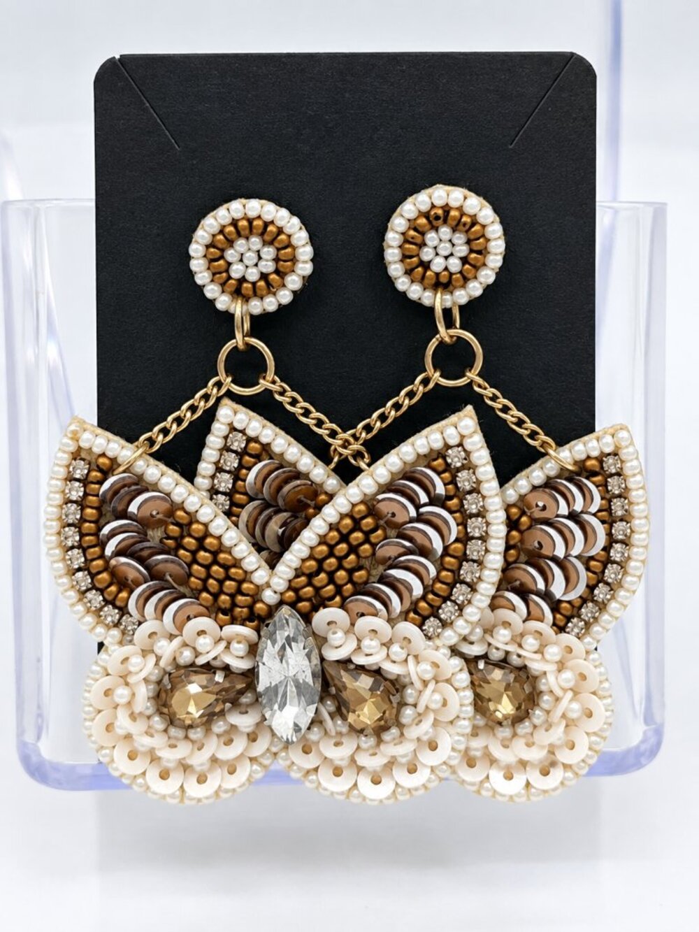 Lightweight Butterfly Sequin Beaded Statement Earrings Ivory Gold